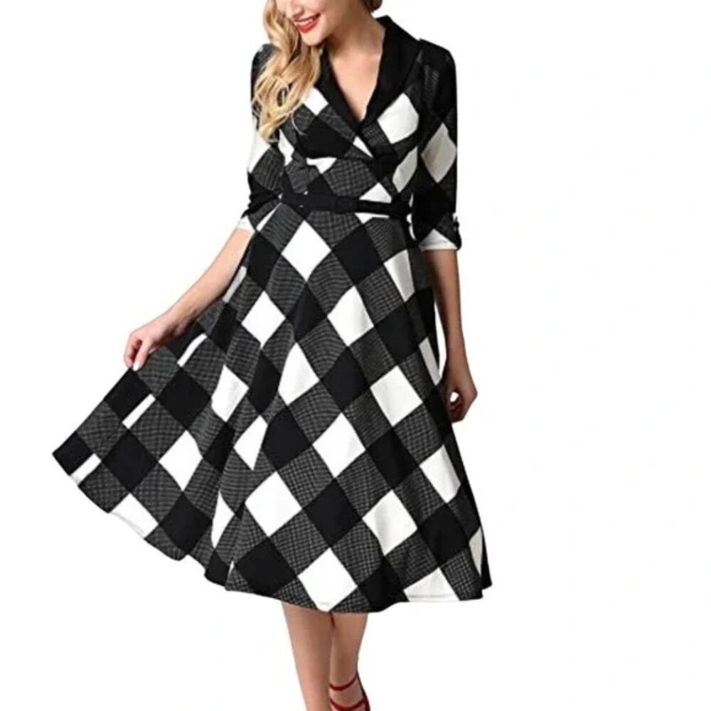 Unique Vintage Trudy Swing Dress, Black & White Plaid Retro